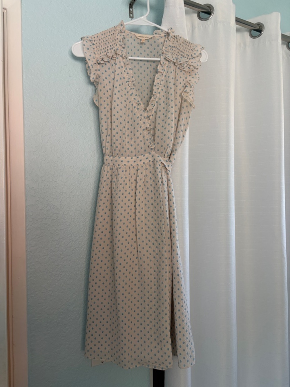 Rebecca Taylor Cream Midi Wrap Dress with Blue Dot Print